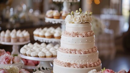 Obraz na płótnie Canvas White wedding cake dessert, marriage event decoration, table