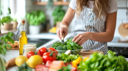 In a bright kitchen, a young woman is cooking healthy cuisine.