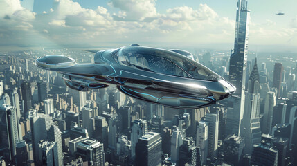 a photorealistic image of a futuristic flying car soaring above a sprawling cityscape