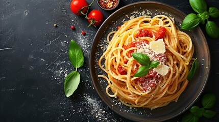 A dark table holds a plate of delicious, visually appealing traditional Italian spaghetti noodles with tomato sauce, basil, and Parmesan cheese on it. - obrazy, fototapety, plakaty