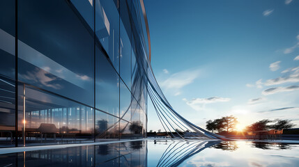 Obraz premium 3D rendering of glass office building, futuristic architecture