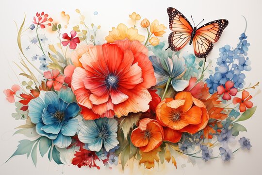 Watercolor of butterfly and flower using sponge on white background