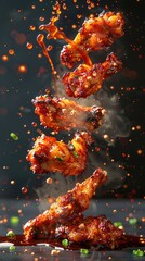 Captivating midair shot of spicy chicken wings with a burst of sauce and spices, exemplifying dynamic food photography , 3D illustration