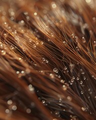 Macro photography of a persons hair scalp showing detailed strands of hair with glistening water droplets, emphasizing hair care and hygiene , 3D illustration