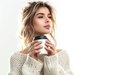 attractive young woman sipping coffee alone against a white backdrop