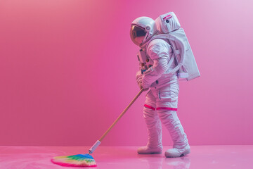 an astronaut in pink suit washing floor
