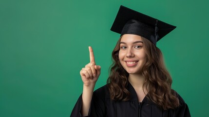 Young woman with doctorate degree, isolated on green backdrop