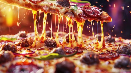 A tantalizing pizza slice being lifted, showcasing melted cheese stretching from the meatball topping, amidst a vibrant pizzeria background , 3D illustration , 3D illustration - obrazy, fototapety, plakaty