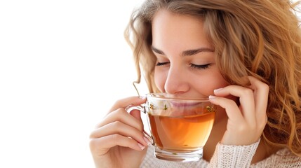 Smiling woman with a hot cup of tea
