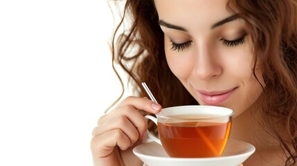 Smiling woman with a hot cup of tea