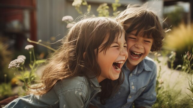 Two children are laughing and smiling in a garden