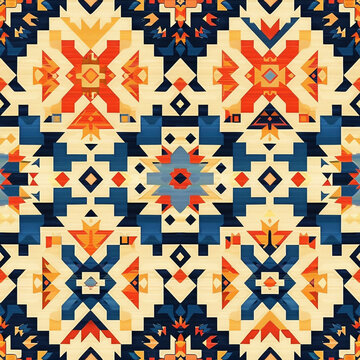 Trendy Seamless pattern in patchwork style. Embroidered print for carpet, rug, scarf, cloth, textile, wallpaper, wrapping paper. Ethnic and tribal motifs. AI Generative