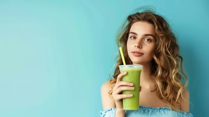 Drinking a healthy green smoothie is a stunning woman on blue background