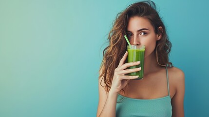 Drinking a healthy green smoothie is a stunning woman on blue background