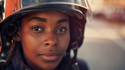Portrait of a black female firefighter wearing a helmet
