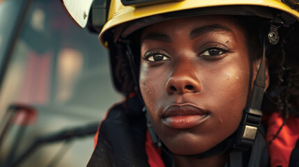 Portrait of a black female firefighter wearing a helmet