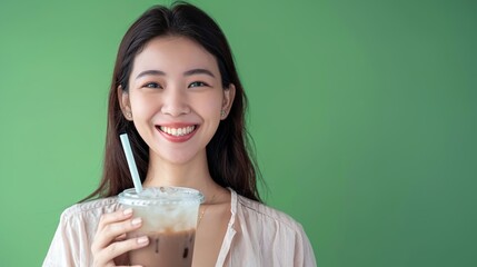 Happy Asian woman sipping iced coffee through a straw on green background