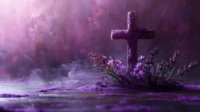 A sacred journey with a purple background featuring a cross adorned with lavender-colored ash, symbolizing Ash Wednesday and the purity of Catholic Easter.