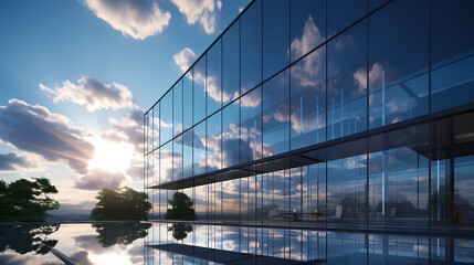 Obraz premium 3D rendering of glass office building, futuristic architecture