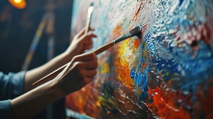 An artist lost in creation, strokes paint onto the canvas with a brush