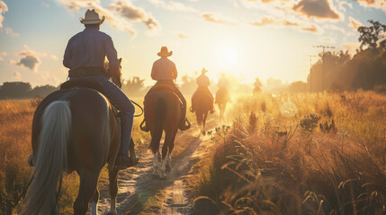 a group of people riding horses into the sunset