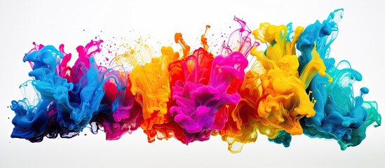 A vibrant display of art paint splashes in shades of purple, violet, magenta, and electric blue on a white background, resembling petals floating in water