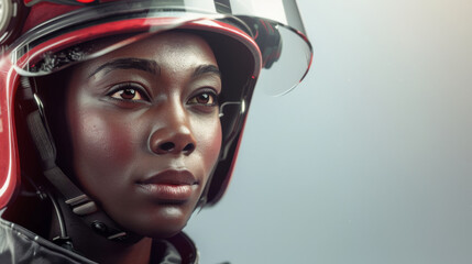 Portrait of a black female firefighter wearing a helmet