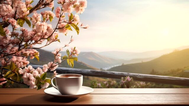 Outdoor coffee table with spring flowers. seamless looping 4k time-lapse video background