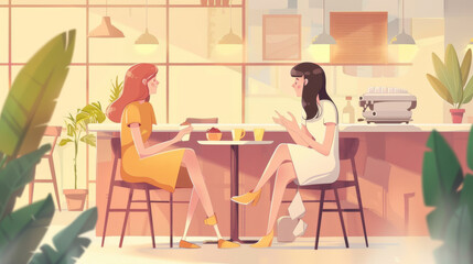Two girls chatting in a coffee shop in the morning