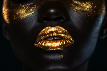 a woman with gold lipstick on her lips - obrazy, fototapety, plakaty