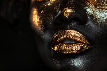 a close up of a woman's face with gold paint