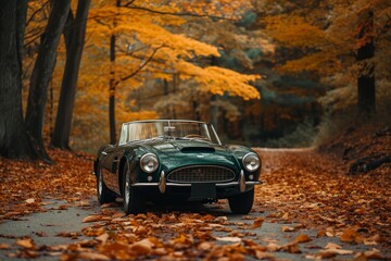Obraz premium A green car is parked on a road covered with fallen leaves, A forest green classic sports car amidst fall foliage, AI Generated