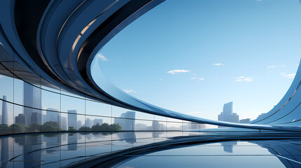 Fototapeta premium Low angle view of futuristic modern building, corporate office building skyscraper