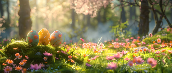 A group of painted Easter eggs sitting on lush green grass next to a forest filled with pink and yellow flowers on a sunny spring day. - obrazy, fototapety, plakaty