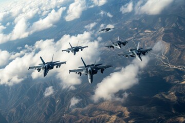 A group of powerful fighter jets flies in precise formation against a clear blue sky, A formation of fighter aircraft performing aerial maneuvers, AI Generated - obrazy, fototapety, plakaty