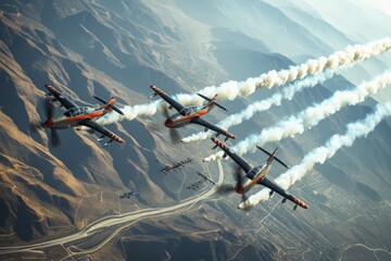 A formation of multiple airplanes in flight, soaring through the sky with synchronized precision, A formation of fighter aircraft performing aerial maneuvers, AI Generated - obrazy, fototapety, plakaty