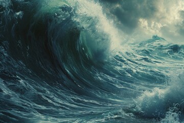 Fototapeta na wymiar This photo captures a stunning painting depicting a powerful and awe-inspiring wave in the vast ocean, A formidable view of a tidal wave in the open sea, AI Generated