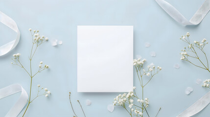 Elegant Greeting Card Mockup with White Flowers and Ribbons on Blue Background
