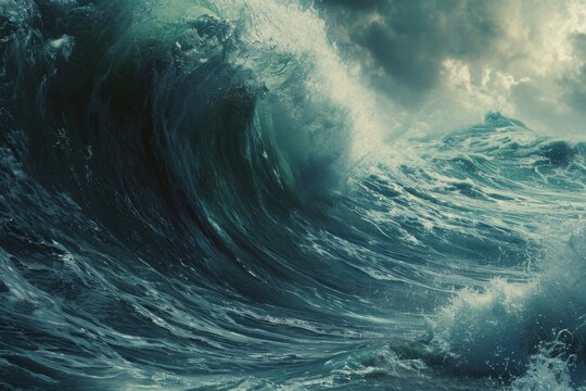 This photo captures a stunning painting depicting a powerful and awe-inspiring wave in the vast ocean, A formidable view of a tidal wave in the open sea, AI Generated