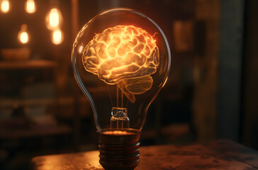 Glowing Brain Inside a Light Bulb - Conceptual Illustration of Ideas and Innovation