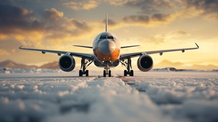 a plane on a runway with snow