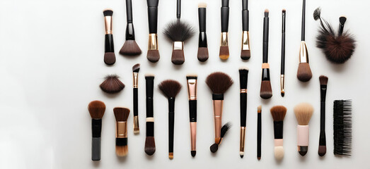 Diverse beauty arsenal! Visualize a variety of makeup brushes against a white background GENERATIVE BY AI - obrazy, fototapety, plakaty