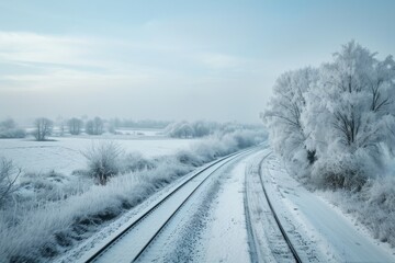 A snowy field stretches into the distance, revealing a train track cutting through the landscape, A frosty countryside viewed from a train window, AI Generated