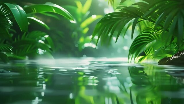 Tropical rainforest with lush green foliage and serene water surface reflecting the tranquil environment.