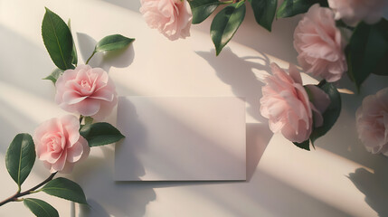 Elegant Camellia Flowers with Soft Shadows on Blank Card