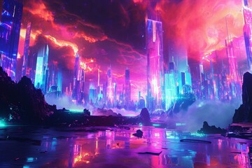 Futuristic City With Vibrant Neon Lights, A futuristic, abstract apocalypse of neon colors, AI Generated - obrazy, fototapety, plakaty