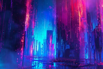An abstract painting depicting the bustling streets and vibrant lights of a cityscape during the nighttime, A futuristic, abstract apocalypse of neon colors, AI Generated