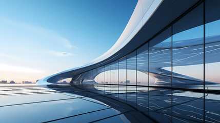 Low angle view of futuristic modern building, corporate office building skyscraper
