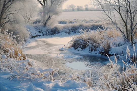 A painting depicting a stream flowing through a winter landscape covered in snow, A frozen pond surrounded by snowy fields, AI Generated
