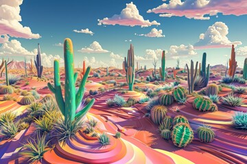This photo depicts a painting of a desert landscape featuring cacti and clouds, A futuristic...